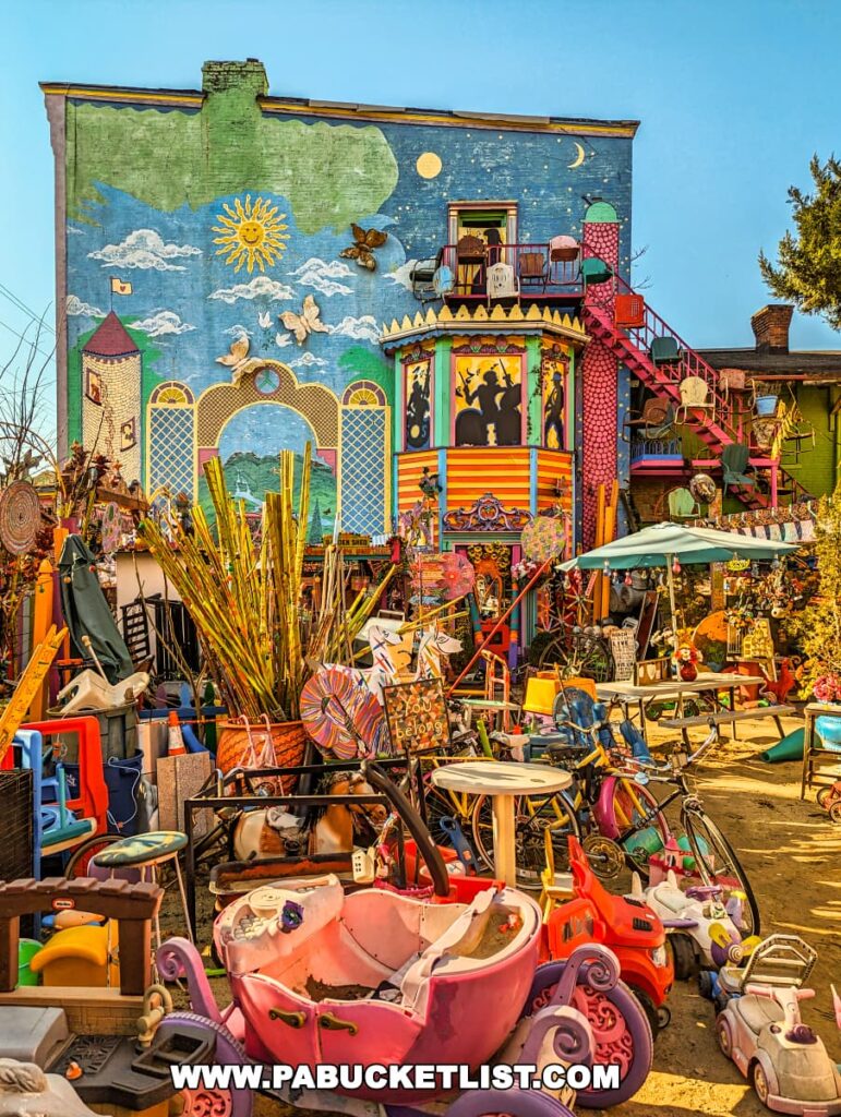 Vibrant mural at Randyland in Pittsburgh featuring a blue sky and sun design, with a whimsical foreground of colorful toys and playful decorations.