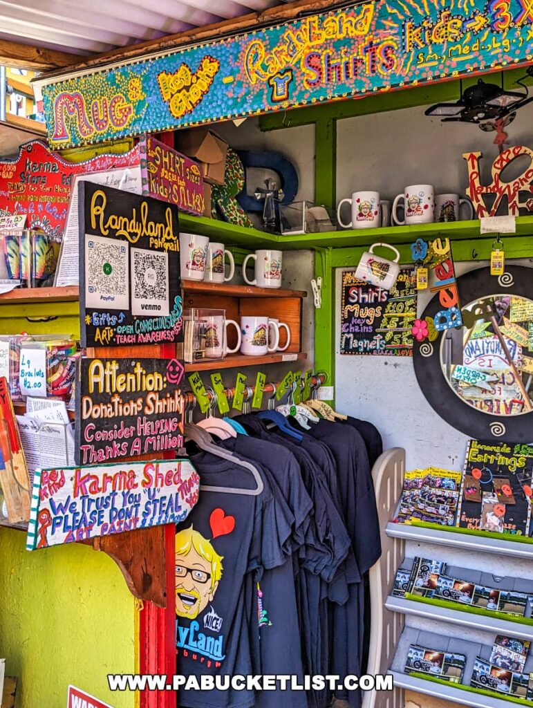 Colorfully decorated Karma Shed at Randyland in Pittsburgh, offering shirts, mugs, and other merchandise for donations, under a sign that reads We Trust You, Please Don't Steal.