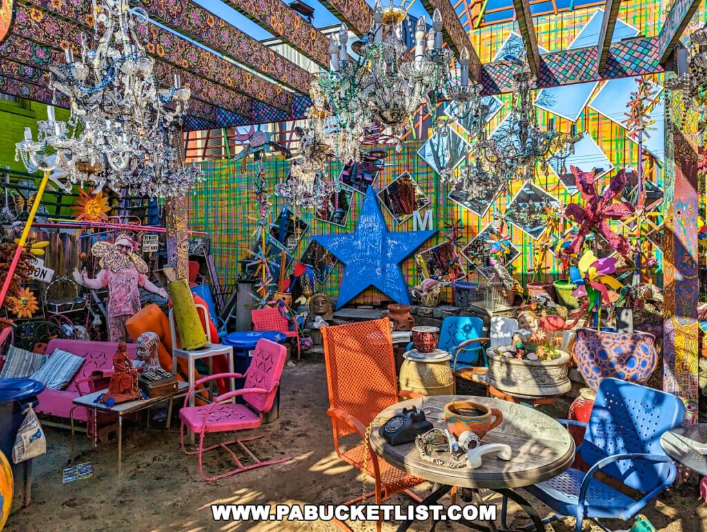 Elaborate outdoor gallery at Randyland in Pittsburgh, showcasing an array of colorful, upcycled art pieces and whimsical decorations under a sky of hanging brass instruments and chandeliers