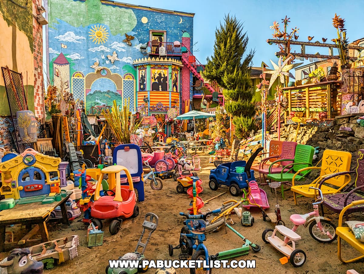 Whimsical playground filled with colorful toys, bicycles, and vibrant chairs set against the artistic mural backdrop of Randyland in Pittsburgh.