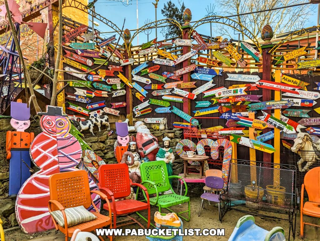 Colorful outdoor area at Randyland in Pittsburgh featuring a wall of whimsical directional arrows pointing to global destinations, alongside quirky art installations and assorted chairs.
