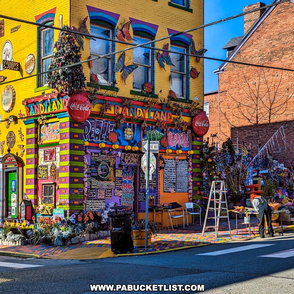 Colorful façade of Randyland in Pittsburgh with vibrant murals, eclectic art, and decorative items adorning the building and sidewalk, under a clear blue sky.