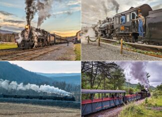 A collage of four photos showcasing the East Broad Top Railroad in Huntingdon County, Pennsylvania. The first image captures a steam locomotive with billowing smoke at sunset. The second shows a conductor aboard the locomotive. The third depicts the train amidst a winter landscape with white smoke against the hills. The last image is of an open passenger car traveling through a lush green forest.