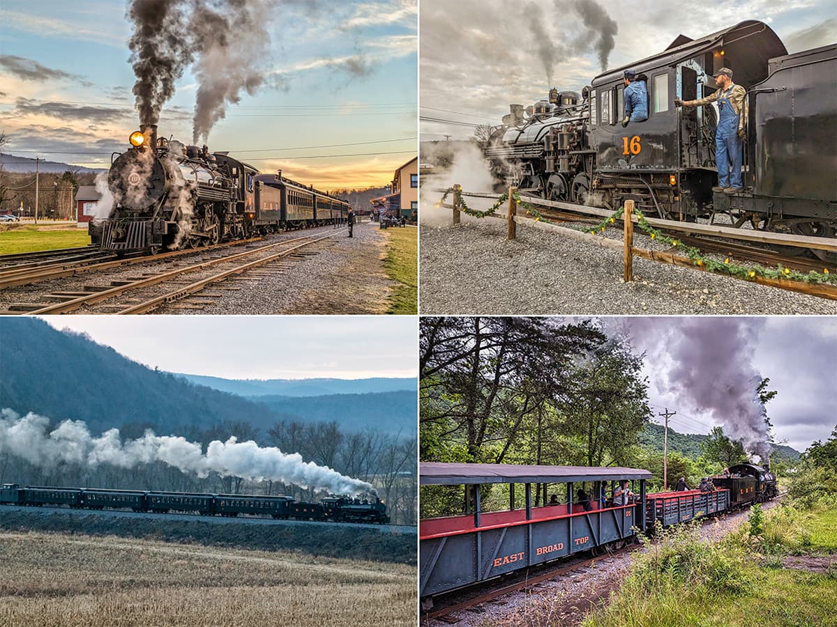 A collage of four photos showcasing the East Broad Top Railroad in Huntingdon County, Pennsylvania. The first image captures a steam locomotive with billowing smoke at sunset. The second shows a conductor aboard the locomotive. The third depicts the train amidst a winter landscape with white smoke against the hills. The last image is of an open passenger car traveling through a lush green forest.