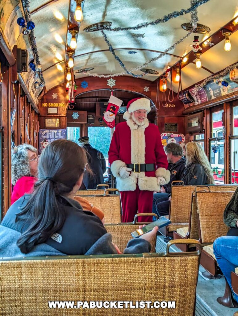 Passengers are seated inside the festively decorated trolley at the Rockhill Trolley Museum, Huntingdon County, PA. A person dressed as Santa Claus is standing in the aisle, smiling and interacting with guests. The interior is adorned with Christmas lights and garlands. The atmosphere is cheerful, capturing the spirit of the holiday season on the Santa's Trolley excursion.