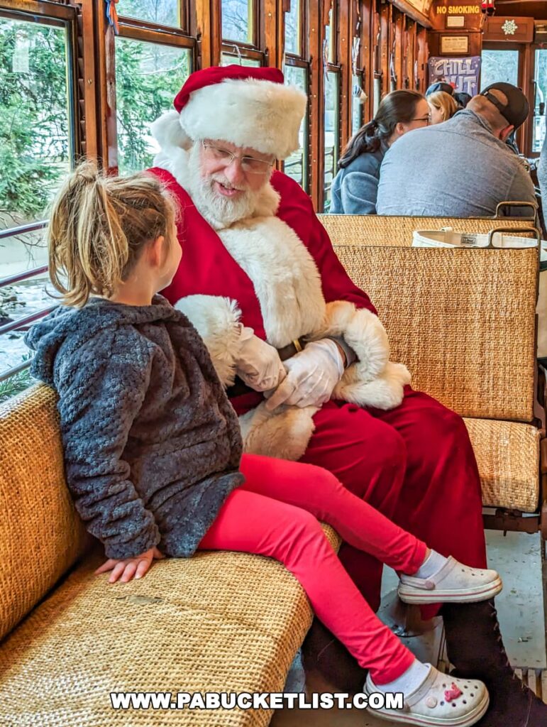A heartwarming moment captured inside a trolley at the Rockhill Trolley Museum, Huntingdon County, PA, where a person dressed as Santa Claus is having a conversation with a young girl. Santa, in a traditional red suit and hat, is seated and attentively listening to the girl standing next to him. The trolley is decorated with Christmas-themed items, and passengers can be seen in the background, adding to the festive atmosphere of the Santa's Trolley excursion.