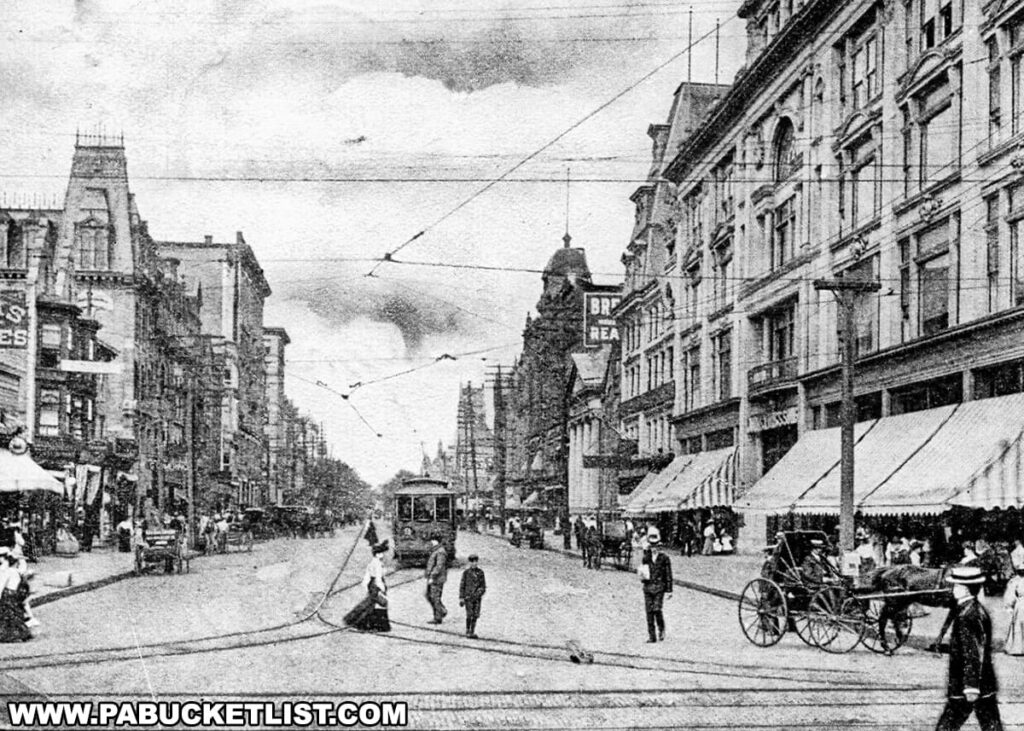 An early 20th-century black and white photo of a busy street scene in Scranton, Pennsylvania, with pedestrians, a horse-drawn carriage, and an electric trolley under a network of trolley wires, amidst period architecture and storefronts with awnings.