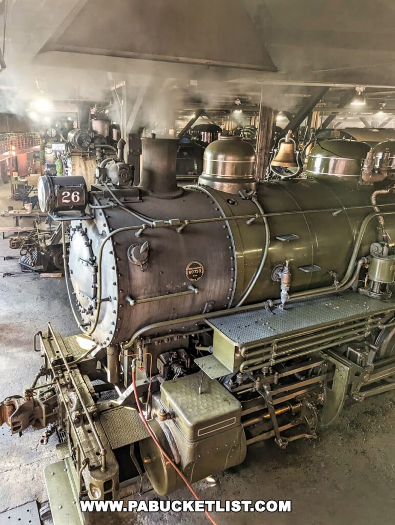 Inside the Steamtown National Historic Site in Scranton, Pennsylvania, a vintage steam locomotive, number 26, is idling. Steam rises around the engine, creating an atmospheric effect in the dimly lit roundhouse. The locomotive features classic design elements such as a large headlamp, a brass bell, and riveted metal construction.