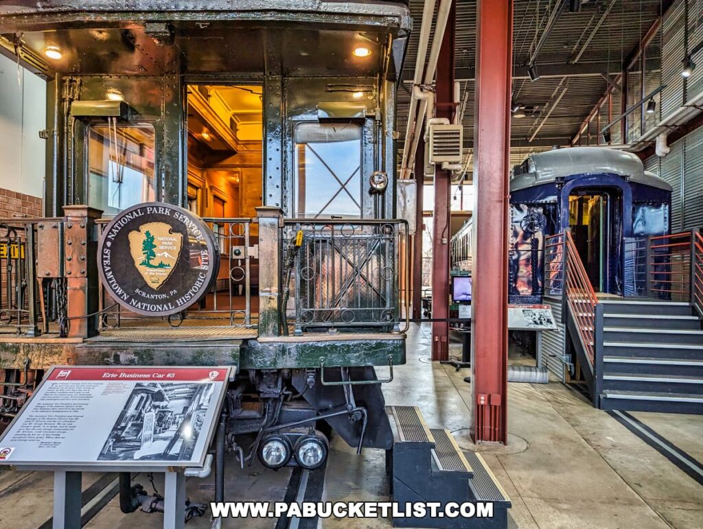 The interior of a classic railroad business car is visible through its open door at the Steamtown National Historic Site in Scranton, Pennsylvania. A National Park Service emblem is prominently displayed on the door, and an informational plaque titled "Erie Business Car #3" is in the foreground. Inside, the warm wood-paneled interior beckons. To the right, the exhibit continues with another railcar and informational displays against a backdrop of the industrial-themed museum interior.