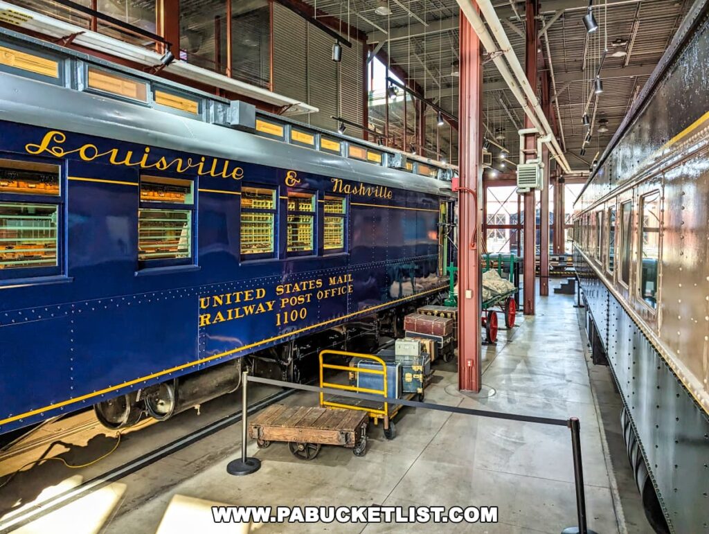 Inside the Steamtown National Historic Site in Scranton, Pennsylvania, a vintage Louisville & Nashville (L&N) blue railway post office car is on display. The car is labeled "United States Mail Railway Post Office 1100" in gold lettering. Adjacent to it, the interior of the museum features red structural columns, a high ceiling with industrial lighting, and another historical railcar. A mail cart and various vintage baggage pieces are visible on the concrete floor.