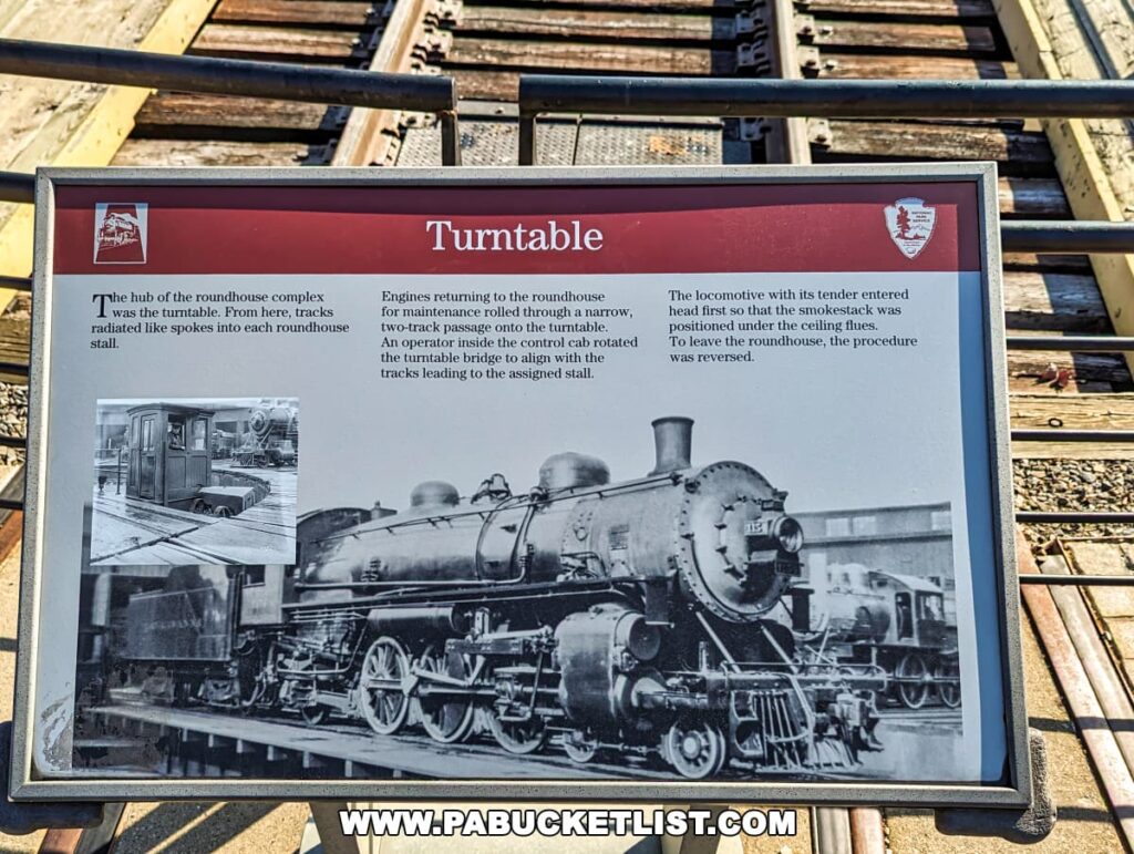 An informational plaque at the Steamtown National Historic Site in Scranton, Pennsylvania, describing the purpose and operation of a railway turntable. The plaque, titled "Turntable," explains that it served as the hub of the roundhouse complex, with tracks radiating like spokes into each roundhouse stall. Accompanying the text are black and white historical photographs showing the turntable and locomotives in use.