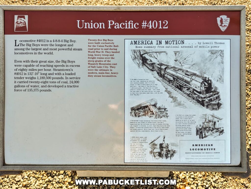 An informational display at the Steamtown National Historic Site in Scranton, Pennsylvania, provides historical details about the Union Pacific #4012 "Big Boy" locomotive. The display includes specifications, historical context, and illustrations of the locomotive in action. The text describes the "Big Boy" as one of the longest and most powerful steam locomotives in the world. A series of black and white drawings depict the locomotive traversing various landscapes and the mechanical details of its design.