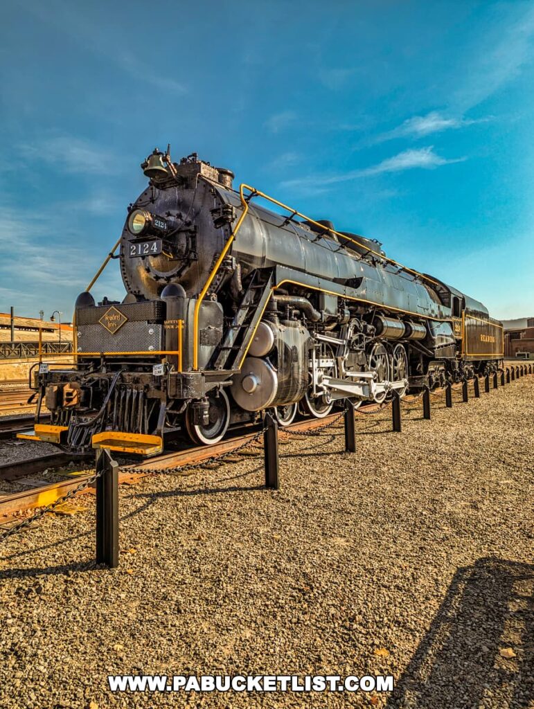 A majestic black steam locomotive, number 2124, is displayed under a clear blue sky at the Steamtown National Historic Site in Scranton, Pennsylvania. The side of the locomotive reads "Reading," and it is equipped with large driving wheels and a prominent headlight. The gravel ground and a portion of the train tracks are visible in the foreground.