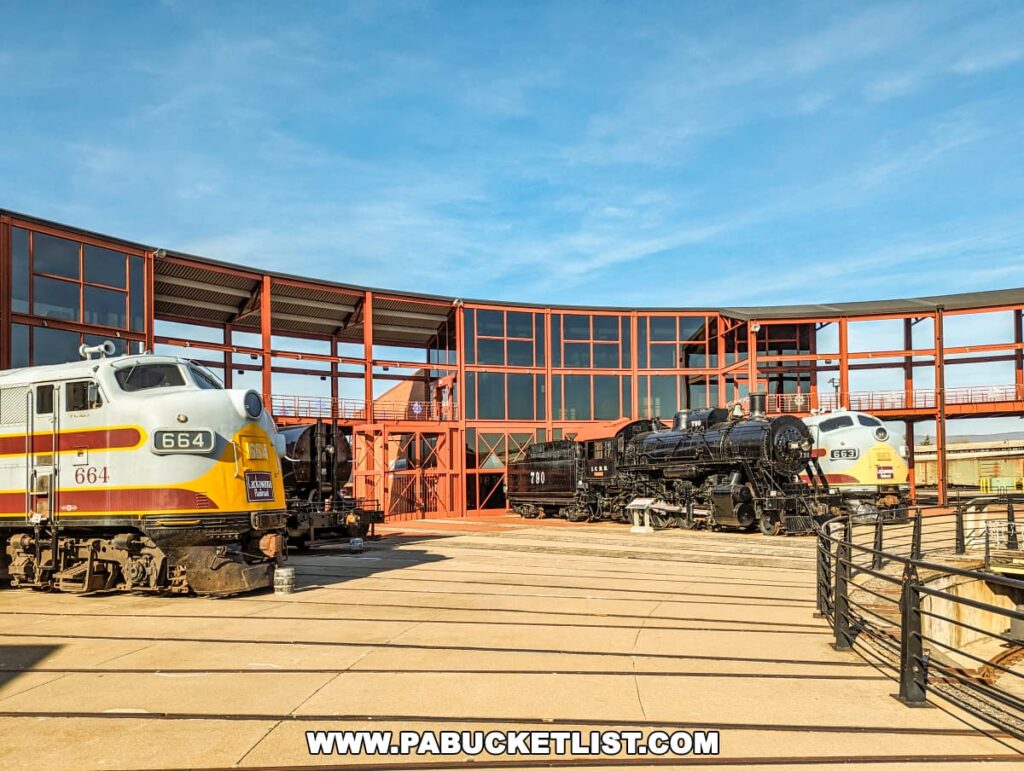 On display at the Steamtown National Historic Site in Scranton, Pennsylvania, are three locomotives, including a sleek yellow and grey Diesel-Electric locomotive numbered 664 on the left, a large black steam locomotive numbered 790 in the center, and another Diesel-Electric locomotive on the right. They are positioned on tracks in front of a modern red and glass structure under a blue sky.