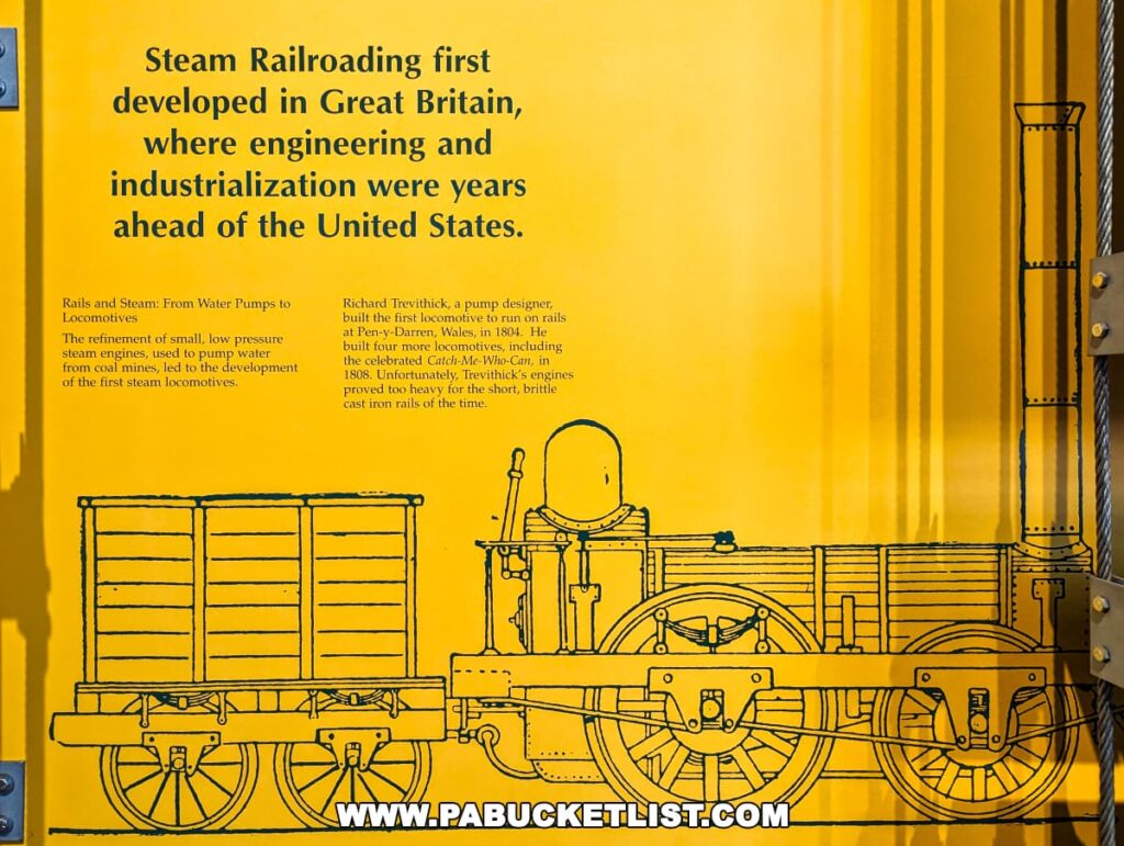 An educational display panel at the Steamtown National Historic Site in Scranton, Pennsylvania, with a bright yellow background and black line drawings of early steam locomotive designs. The text on the display explains the development of steam railroading in Great Britain and the refinement from water pumps to locomotives, mentioning Richard Trevithick's contributions. Key phrases include "Rails and Steam: From Water Pumps to Locomotives" and "Richard Trevithick, a pump designer, built the first locomotive in 1804.