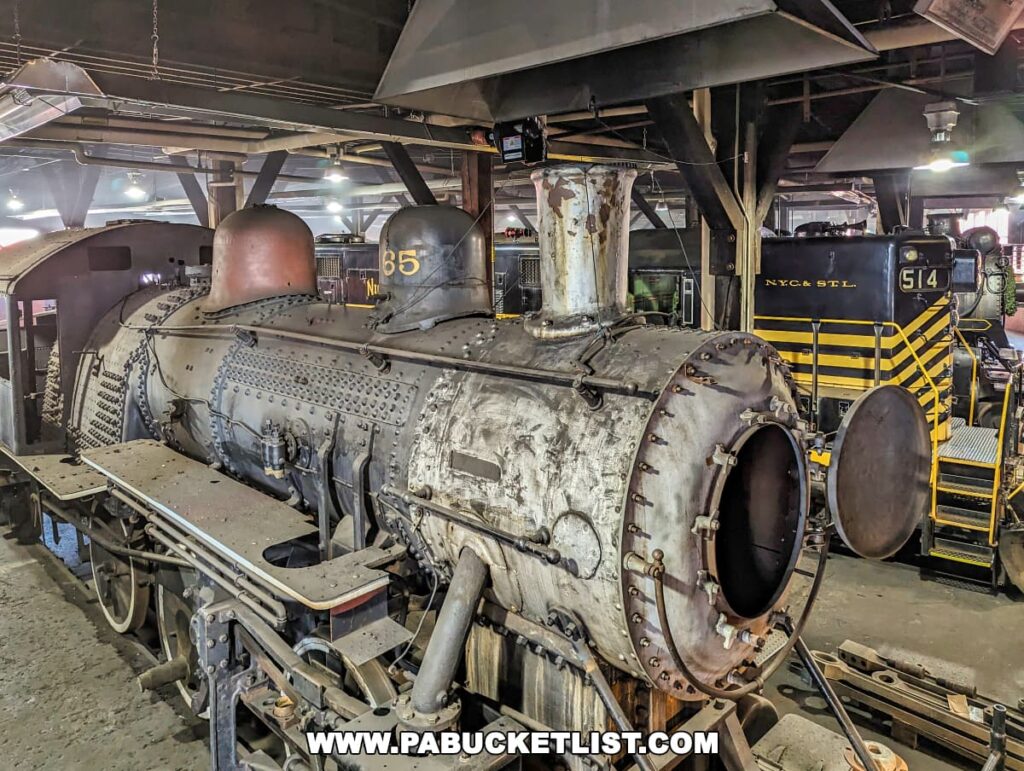 Inside the roundhouse at the Steamtown National Historic Site in Scranton, Pennsylvania, a disassembled steam locomotive, number 85, is on display. Its boiler, exposed tubes, and firebox are visible, revealing the locomotive's internal structure. To the right, a black and yellow diesel locomotive, labeled "N.Y.C.& St.L. 514," stands in stark contrast. The industrial setting is dimly lit with overhead lighting.