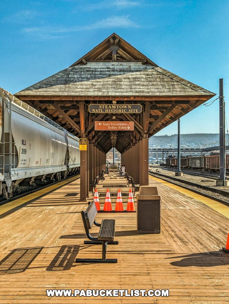 The loading platform at the Steamtown National Historic Site in Scranton, Pennsylvania, with a wooden roofed shelter bearing the site's name. Metal benches line the platform, and orange traffic cones section off an area. A freight train car is parked alongside the platform, and additional tracks extend into the distance under a clear sky.