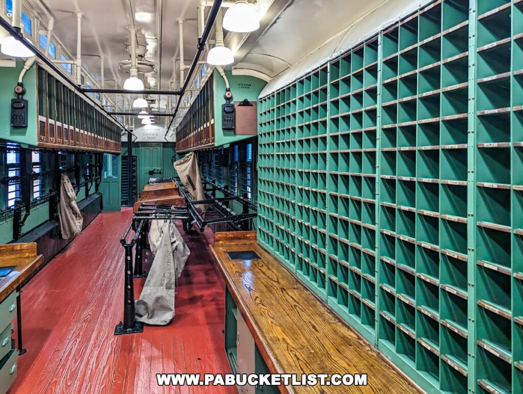 Inside a historical postal railcar at the Steamtown National Historic Site in Scranton, Pennsylvania, featuring an array of sorting cubbies lining the walls. The car has wooden worktables, mailbags hanging from hooks, and a glossy red floor, reflecting the authenticity of a bygone era in mail transportation.