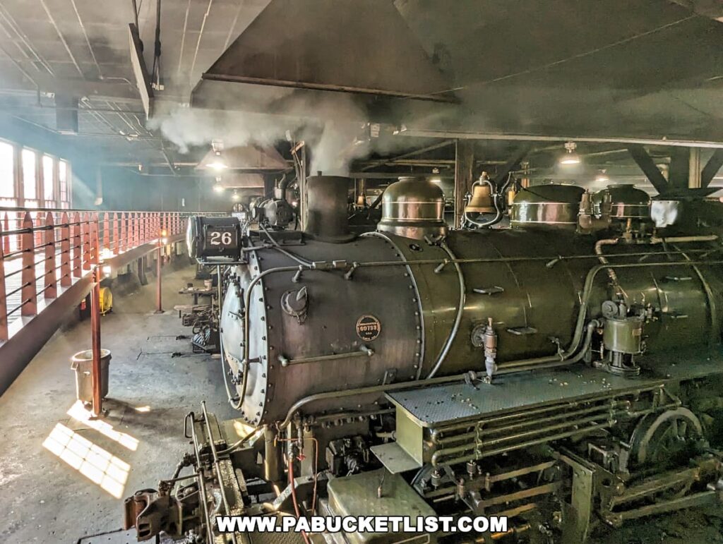 A vintage steam locomotive, numbered 26, emits steam while parked inside the dimly lit roundhouse at the Steamtown National Historic Site in Scranton, Pennsylvania. The locomotive's details, such as rivets and piping, are accentuated by the dramatic lighting that casts shadows across its surface. The roundhouse's wooden ceiling beams and red safety railing add to the historic ambiance of the scene.