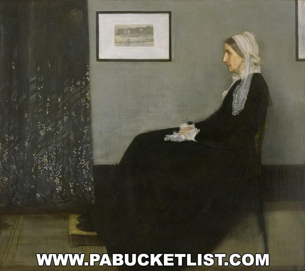 A digital reproduction of the famous painting 'Arrangement in Grey and Black No. 1,' commonly known as 'Whistler's Mother,' by James McNeill Whistler from 1871. It depicts an elderly woman sitting in profile, dressed in a long black dress with a white lace cap and matching trim. She is seated against a grey wall with a framed picture above her and a curtain to her left.