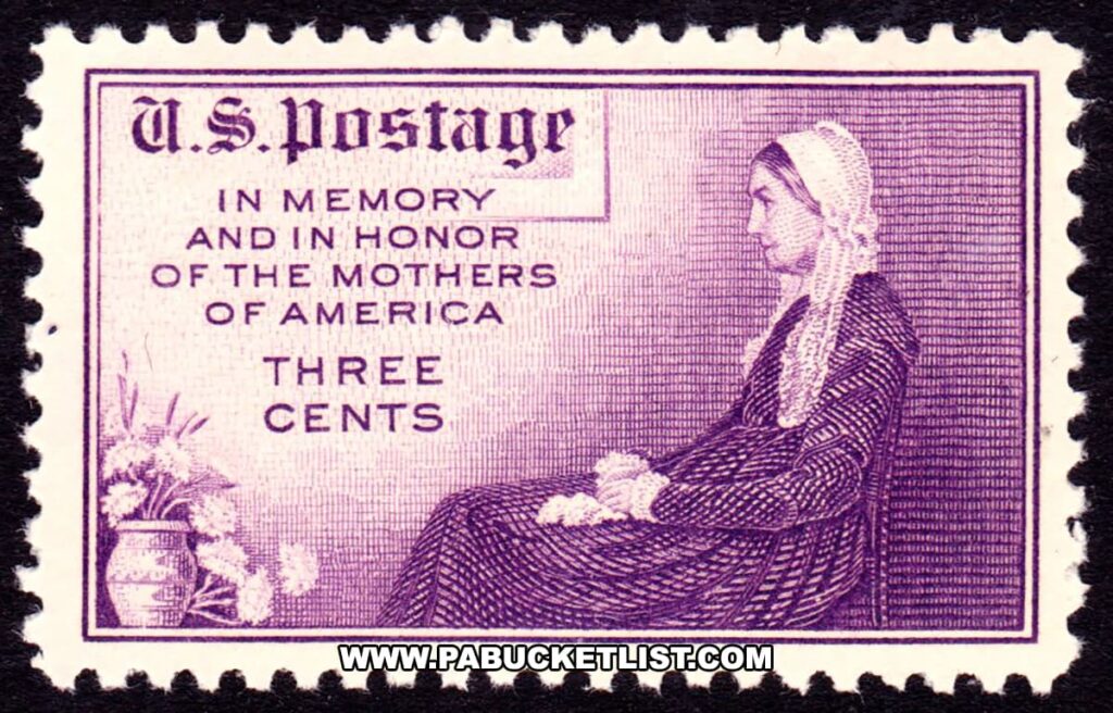 A vintage U.S. postage stamp, valued at three cents, featuring the iconic image of 'Whistler's Mother,' titled 'In Memory and In Honor of the Mothers of America.' The stamp is predominantly purple and white, with a detailed depiction of the famous painting on the right side and a bouquet of flowers in the lower left corner.
