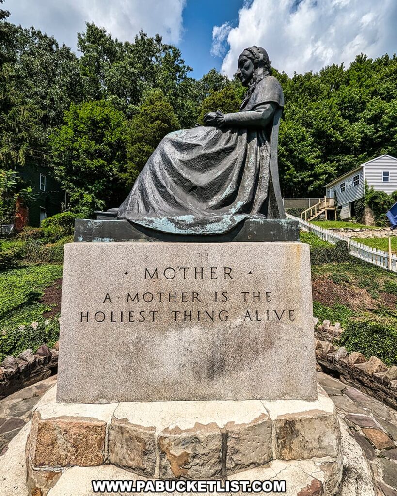 The Ashland Mothers' Memorial statue in Ashland, Pennsylvania, depicting a seated woman on a stone pedestal with the inscription 'MOTHER / A MOTHER IS THE / HOLIEST THING ALIVE.' The statue is set within a landscaped area with a stone semi-circular wall, residential homes, and dense trees in the background.