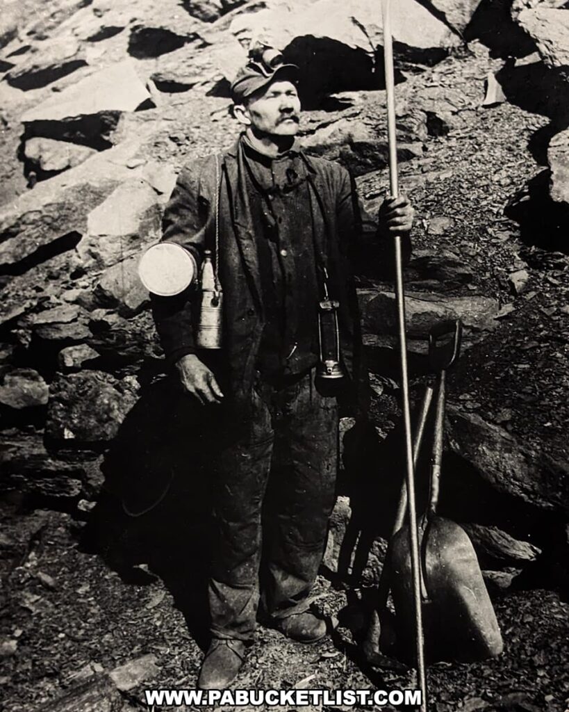 Black and white historical photograph of an anthracite coal miner on display at the Anthracite Heritage Museum in Scranton, PA. The miner stands proudly against a backdrop of rugged rocks, donning a work-worn outfit complete with a headlamp, a lunch pail in one hand, and a pickaxe over his shoulder, epitomizing the hardworking spirit of the coal region's past.