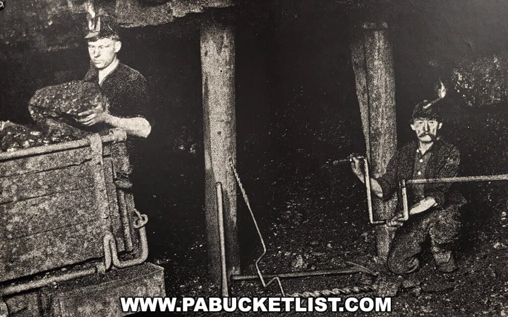 Black and white historical photograph on display at the Anthracite Heritage Museum in Scranton, PA, depicting two anthracite coal miners at work. One miner, standing, is loading a hefty chunk of coal into a mine cart, while the other, seated, is operating a drilling tool. Their attire and the tools they use evoke the strenuous and gritty conditions of the early 20th-century coal mining industry.