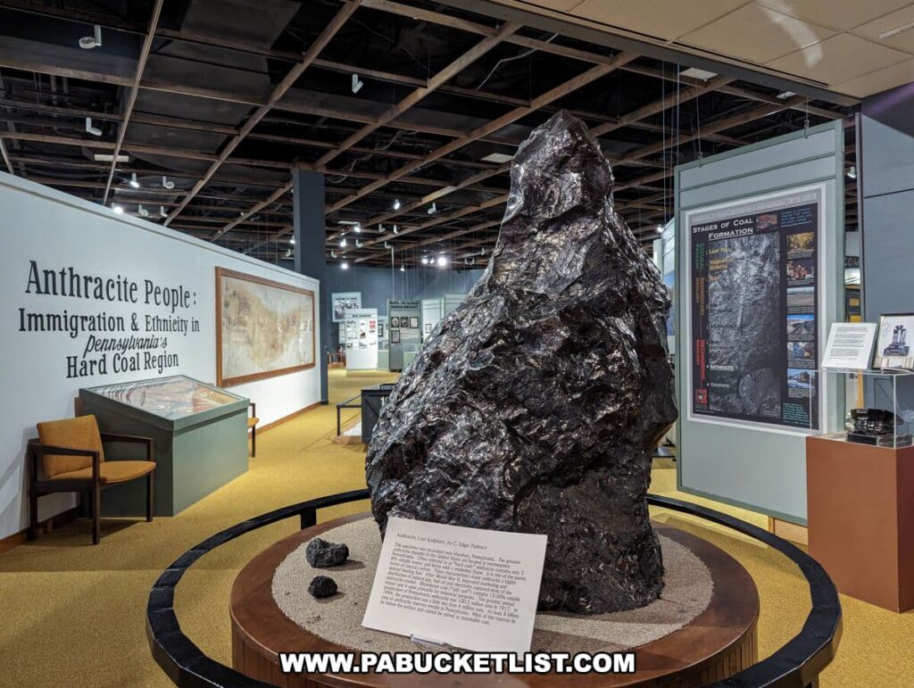 Interior view of the Anthracite Heritage Museum in Scranton, PA, showcasing the 'Anthracite People: Immigration & Ethnicity in Pennsylvania's Hard Coal Region' exhibit. A large, lustrous piece of anthracite coal is centrally displayed on a round table with descriptive text panels nearby. The background features educational displays, including a 'Stages of Coal Formation' infographic and various artifacts related to coal mining.