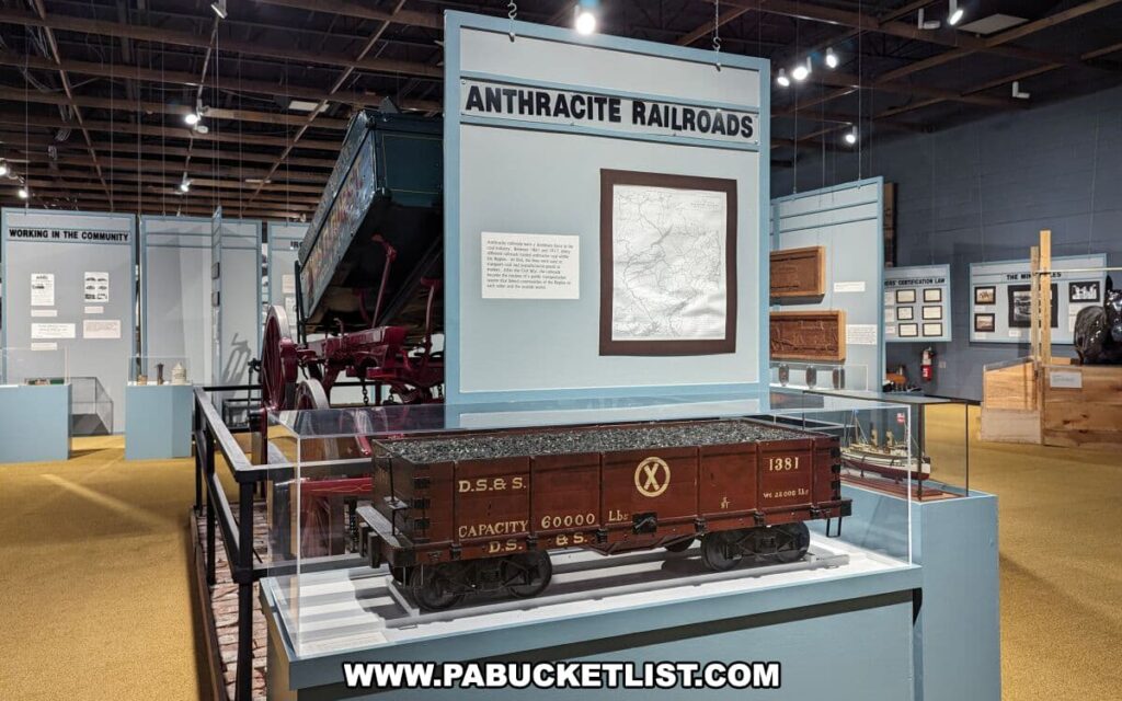 Exhibit titled 'Anthracite Railroads' inside the Anthracite Heritage Museum in Scranton, PA, displaying an old-fashioned railroad coal car marked 'D.S.&S. 1381' with 'CAPACITY 60000 Lbs' on its side. The exhibit features a large blue informational panel with a framed map and descriptive text, alongside various historical artifacts presented in glass cases. In the background, other displays, including a red vintage vehicle, are visible, contributing to the theme of community work related to the anthracite coal industry.
