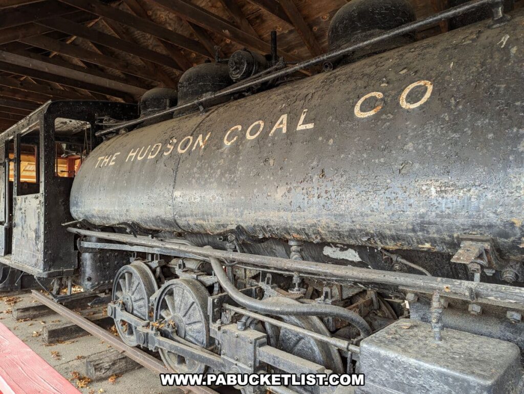 Close-up of an old, weathered steam locomotive on display at the Anthracite Heritage Museum in Scranton, PA, with 'THE HUDSON COAL CO.' painted in faded white letters on its side. The locomotive is black, showing signs of rust and age, and is mounted on rails. This historical piece represents the Hudson Coal Company's significant role in the anthracite coal industry during its operational years.
