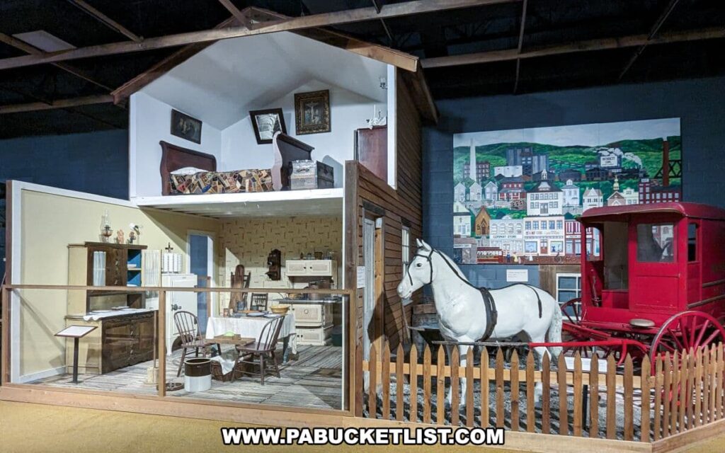 A recreated coal miner's neighborhood exhibit at the Anthracite Heritage Museum in Scranton, PA. The scene includes a half-open diorama of a house interior with vintage furnishings and a kitchen setup, adjacent to a life-sized white horse pulling a red carriage. The backdrop features a large mural depicting a vibrant, historical town landscape indicative of a coal-mining community, complete with buildings and green hills.