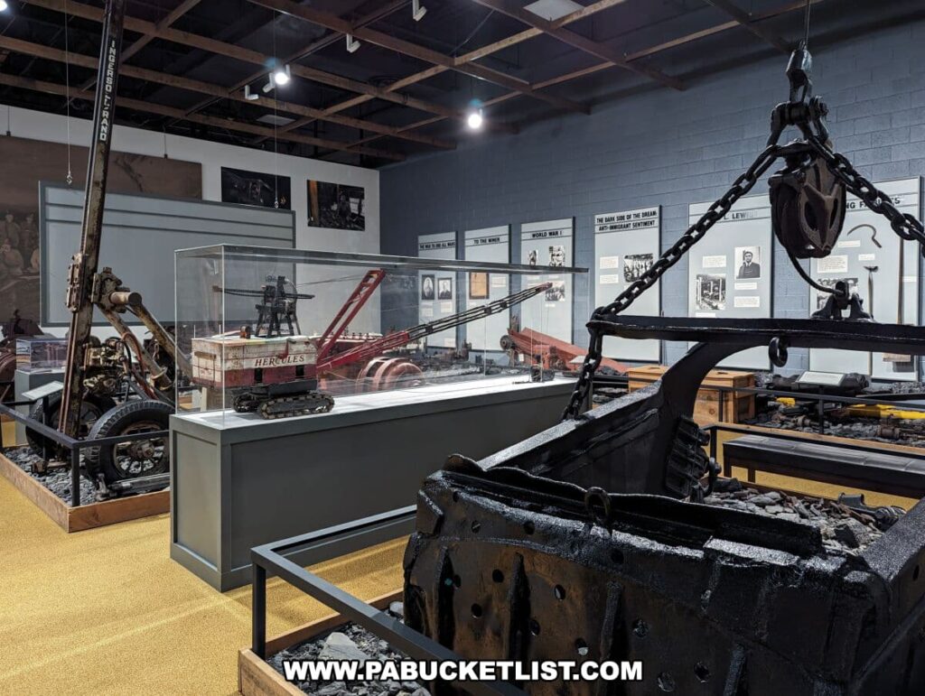 Historical coal mining equipment on display at the Anthracite Heritage Museum in Scranton, PA. Foreground shows a large black scoop used for moving coal, attached to a rusted crane mechanism. In the middle, a protective glass case houses a model of a red 'Hercules' crane. The background includes wall-mounted information panels with photographs and text detailing the history of coal mining, along with additional machinery pieces, contributing to the educational atmosphere of the museum.