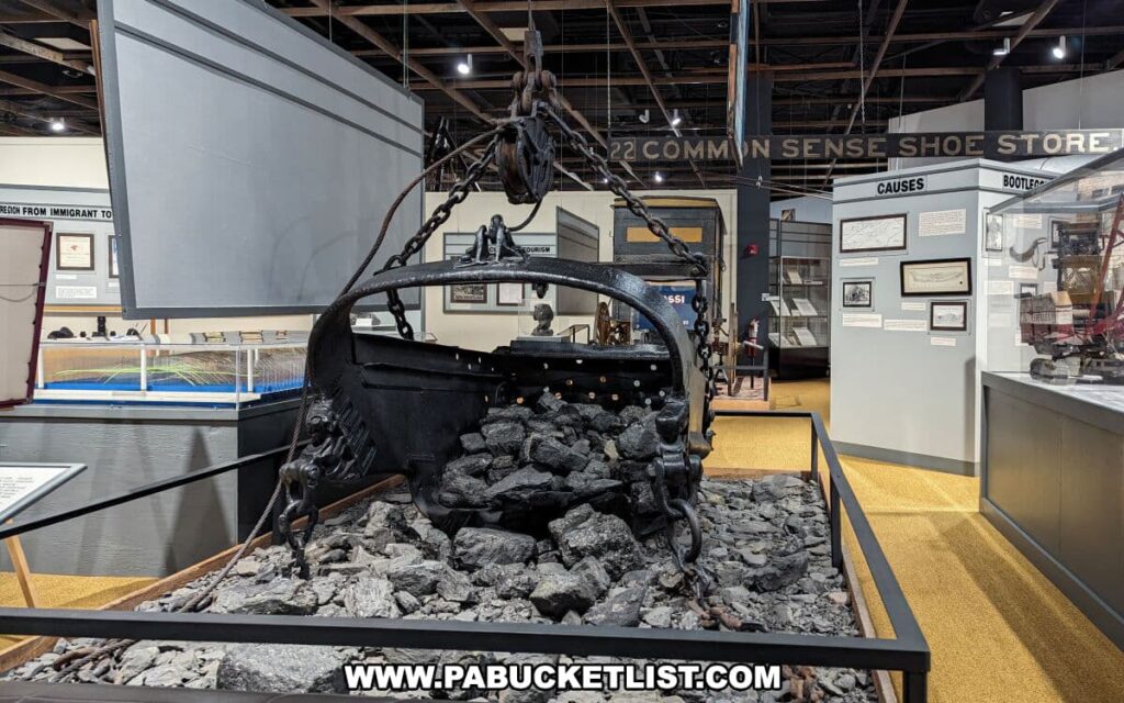 A close-up view of a coal mining exhibit at the Anthracite Heritage Museum in Scranton, PA, featuring a large black mining scoop filled with anthracite coal. The scoop is suspended by heavy chains and is part of a larger display of mining technology. In the background, exhibit panels provide historical context on mining practices, and other artifacts are visible, illustrating the technological evolution of coal mining.