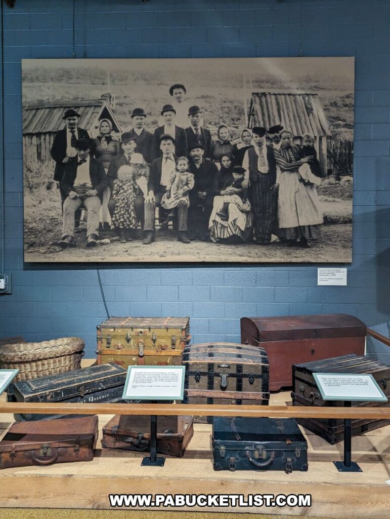 A display at the Anthracite Heritage Museum in Scranton, PA, featuring a large black and white historical photograph of a group of immigrant coal miners and their families. Below the photo, a collection of vintage trunks and suitcases are arranged on a wooden bench, symbolizing the journey many immigrants made to work in the coal mines of Pennsylvania. Informational plaques provide context to the struggles and stories of these early coal miners.