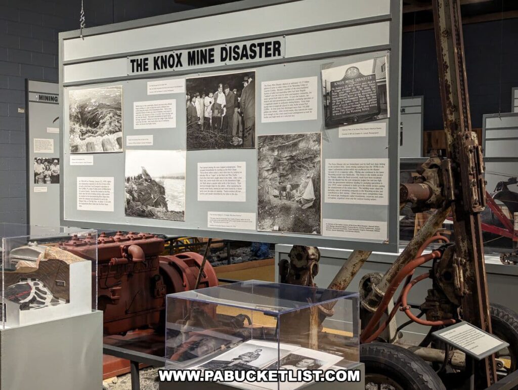 Informative exhibit on 'The Knox Mine Disaster' at the Anthracite Heritage Museum in Scranton, PA, featuring a series of panels with black and white photographs and detailed narratives of the tragic event. The exhibit includes mining equipment and artifacts encased in glass, with a large rusted mining machine in the foreground. This educational display provides insight into the catastrophic 1959 event that had a profound impact on the mining industry and the local community.
