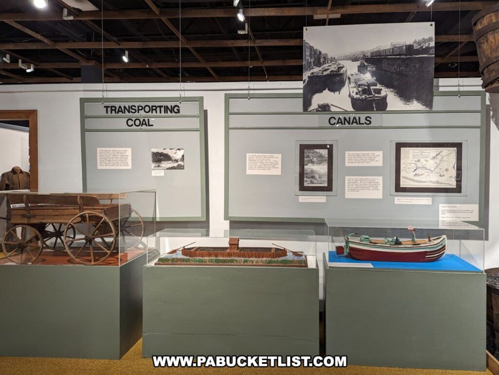 An exhibit titled 'Transporting Coal' and 'Canals' at the Anthracite Heritage Museum in Scranton, PA, with panels providing historical context on coal transportation methods. On display is an old wooden coal cart and a scale model of a canal boat, illustrating the ways coal was moved from the mines. Historical photographs and maps on the panels further explain the evolution of coal transportation from canals to railroads in the region.