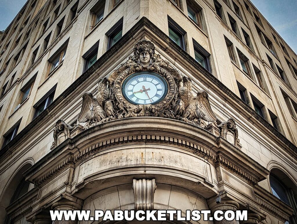 An ornate corner building in downtown Scranton, Pennsylvania, showcasing architectural details with a prominent clock surrounded by sculptural figures including an eagle and faces.