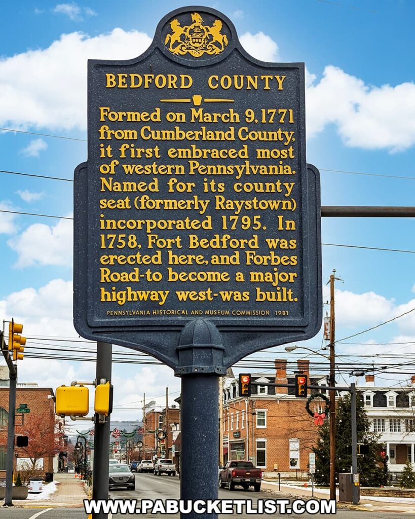 A historical marker in Bedford County, Pennsylvania, with a blue sky and fluffy clouds in the background. The sign is black with gold lettering and a crest, detailing the formation of Bedford County from Cumberland County on March 9, 1771, its significance in western Pennsylvania, the naming of its county seat, the incorporation of the town in 1795, and the erection of Fort Bedford in 1758. Below the historical information, there's a mention of Forbes Road becoming a major highway west. The sign is mounted on a blue pole with traffic lights in the background, showing a red signal. In the backdrop, there's a street view with traditional brick buildings, a few cars, and a slight accumulation of snow on the roadside.