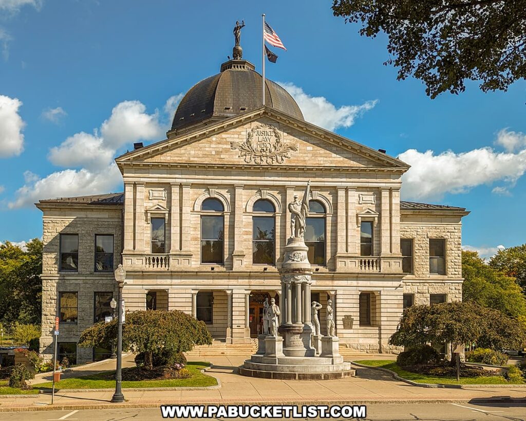 A front-facing view of the Bradford County Courthouse in Towanda, Pennsylvania, showcasing its classical architecture with a grand dome topped by a statue. The American flag flies atop the building, which is adorned with stone detailing and the phrase "Justice Law Mercy" inscribed under the pediment. In front of the courthouse, a Civil War monument featuring several statues stands prominently, adding to the historical significance of the scene. The courthouse is framed by well-maintained shrubs and a clear blue sky with a few clouds.