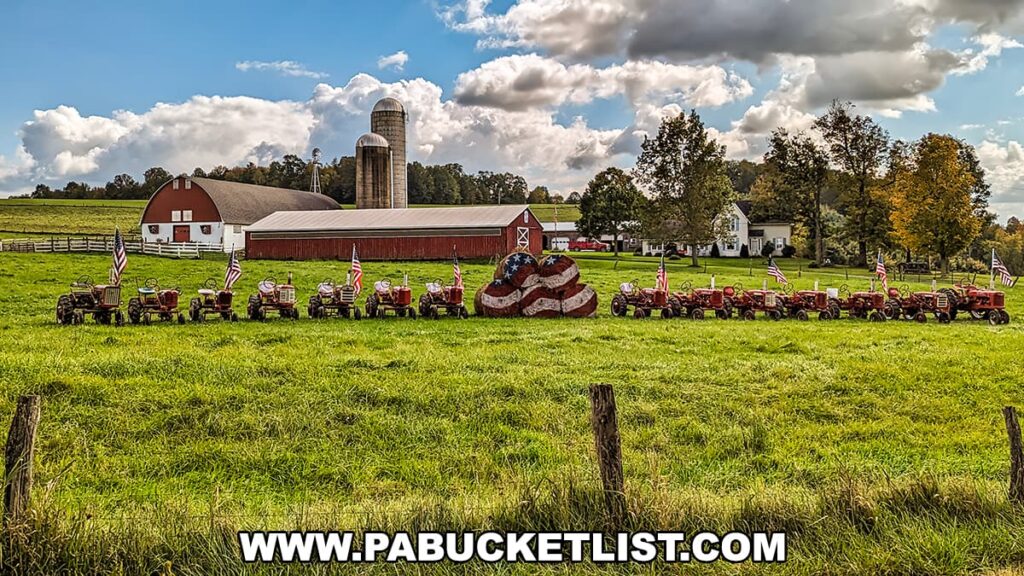 A scenic farm in Bradford County, Pennsylvania, featuring a row of vintage tractors each adorned with an American flag. In the center of the display is a large hay bale painted with the design of an American flag. The backdrop includes a classic red barn with white trim, a silo, and a white farmhouse, all under a partly cloudy sky. The foreground is framed by a rustic wooden fence, emphasizing the rural beauty of the setting.