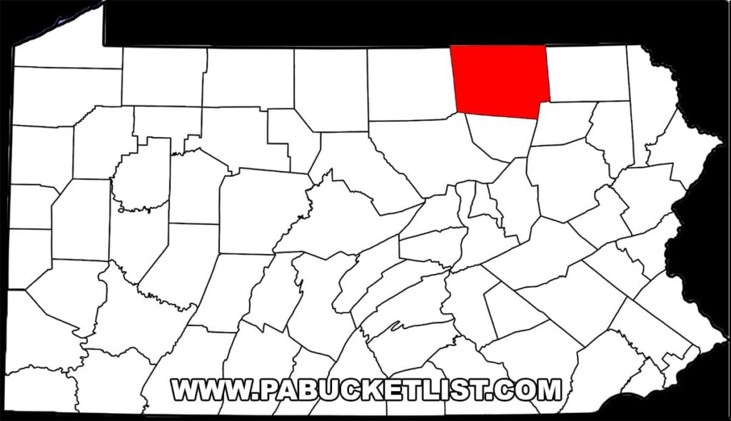 A map highlighting Bradford County in Pennsylvania. Bradford County is shaded in red and is situated in the northern part of the state, bordering New York. The rest of the Pennsylvania counties are outlined in black and white, showing the contrast against the red highlighted area which represents Bradford County. The map provides a clear visual for the location of Bradford County within the state.