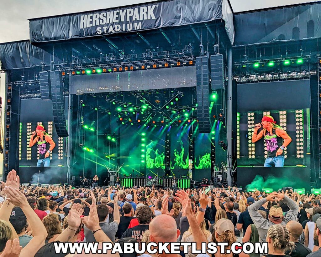 An energetic live concert scene at Hersheypark Stadium with a performance by Bret Michaels, who is a native of Butler, PA, and his band Poison. The stage features vibrant lighting with green hues and multiple screens showing close-ups of Bret Michaels wearing a bandana and singing passionately into the microphone. The crowd is lively and engaged, with many hands raised in the air, capturing the excitement of a live music event. The atmosphere suggests a warm, enthusiastic response to the performer.