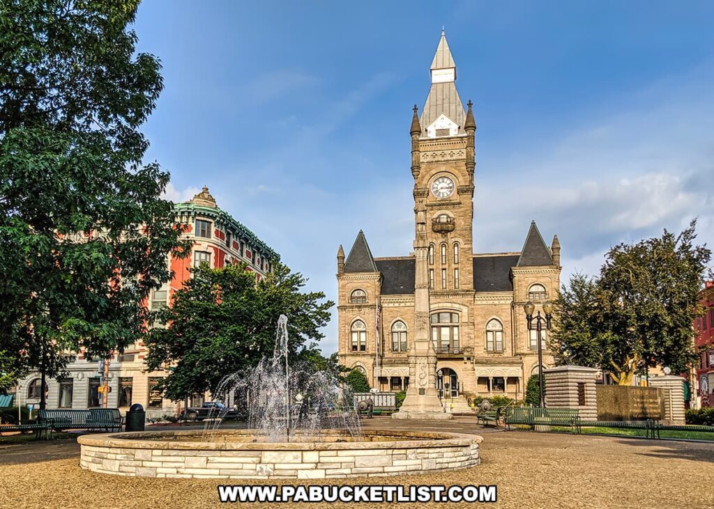 A clear day view of the Butler County Courthouse in Butler, Pennsylvania. This stately stone building features a central clock tower with a pointed spire, large arched windows, and a symmetric facade with two smaller towers flanking the main structure. In front of the courthouse is a circular fountain with water jets, surrounded by a well-maintained lawn area with benches. Lush green trees partially frame the scene to the left, and a blue sky with a few clouds provides a bright backdrop. The courthouse sits at the end of a street lined with historic buildings, conveying a sense of the town's heritage and civic pride.