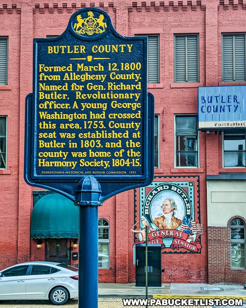 A historical marker in Butler County, Pennsylvania, mounted on a blue post. The sign is topped with the state's coat of arms and reads "BUTLER COUNTY - Formed March 12, 1800 from Allegheny County. Named for Gen. Richard Butler, Revolutionary officer. A young George Washington had crossed this area, 1753. County seat was established at Butler in 1803, and the county was home of the Harmony Society, 1804-15. PENNSYLVANIA HISTORICAL AND MUSEUM COMMISSION 1981." In the background is a red brick building with a mural of General Richard Butler depicted as a revolutionary figure with the words "GENERAL, JUDGE, SENATOR." A parked car is partially visible in the lower left corner, suggesting the photo was taken in an urban setting.