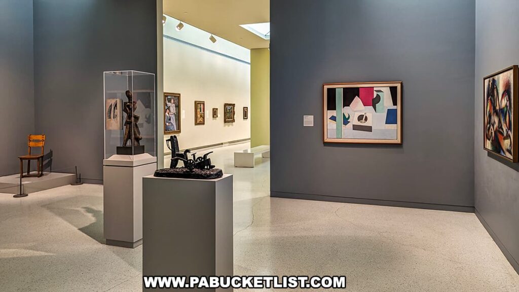 Art gallery at Carnegie Museums of Art and Natural History with sculptures on pedestals and colorful abstract paintings on grey and yellow walls.