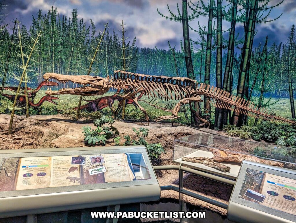 Dinosaur exhibit at the Carnegie Museums of Art and Natural History in Pittsburgh, PA, displaying a skeletal reconstruction of a long-necked dinosaur in a dynamic pose. The exhibit is set against a painted backdrop of a lush prehistoric forest with tall, thin trees. In the foreground, information panels provide educational content about the dinosaur and its environment. Fossils and replicas are also displayed on the panels, offering a tactile experience to museum visitors.