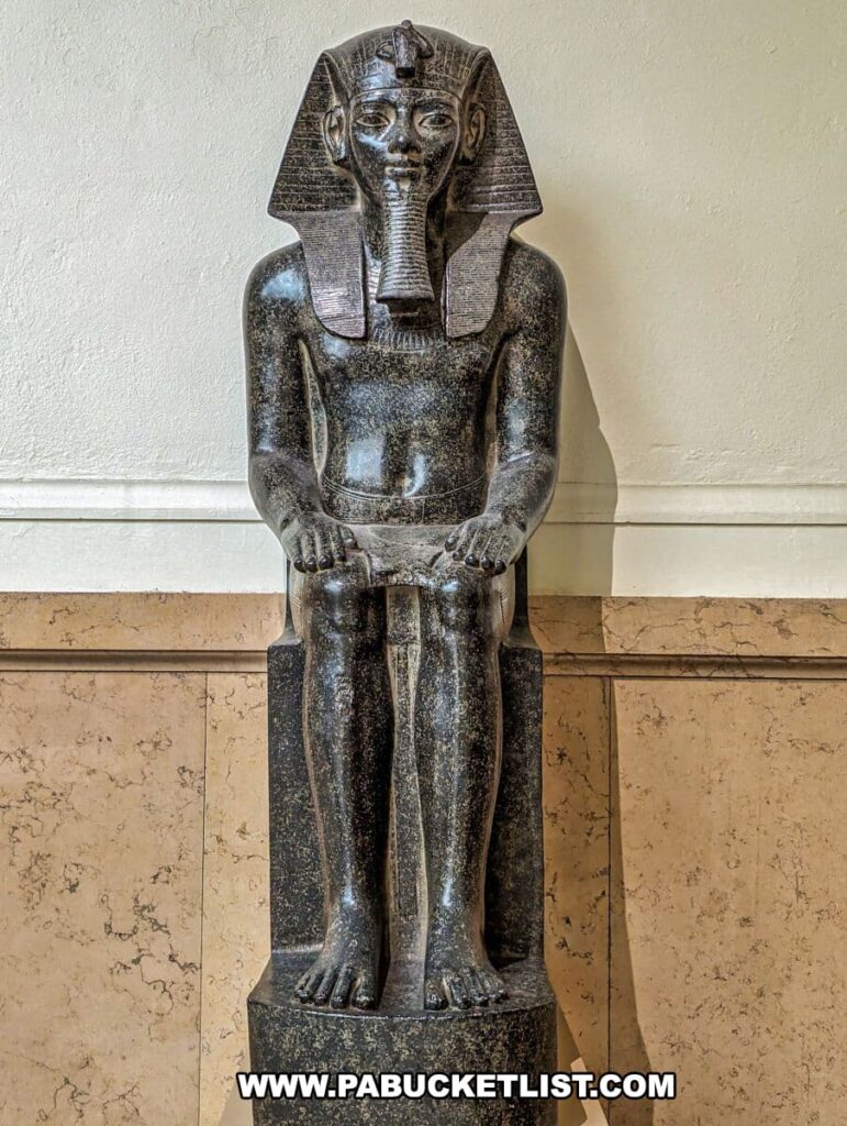 A polished, black granite statue of an ancient Egyptian pharaoh displayed at the Carnegie Museums of Art and Natural History in Pittsburgh, PA. The life-size sculpture, seated in a traditional pose with hands on knees, features intricate hieroglyphics on the side of the pharaoh's headdress. The craftsmanship details the regal composure and ceremonial attire, including the headdress and false beard, typical of Egyptian art. The statue stands against a plain wall and is set on a marble base, giving it prominence and allowing for detailed inspection by museum visitors.