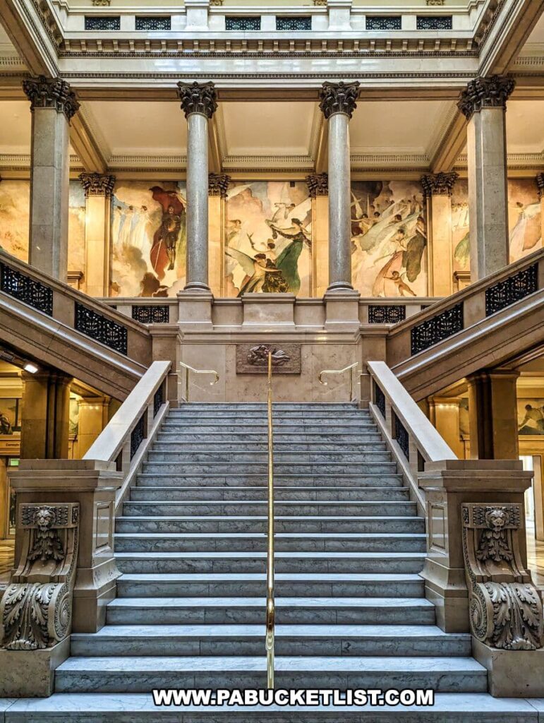 The grand staircase of the Carnegie Museums of Art and Natural History in Pittsburgh, PA, showcasing its architectural elegance. Marble steps ascend between two ornate, Corinthian-style stone balustrades leading to a landing with classical columns. Above, a mural adorns the wall, depicting figures in pastoral and allegorical scenes, set within a grand hall that exudes historical grandeur. The opulent space is illuminated by natural light, highlighting the intricate details and craftsmanship of the museum's interior design.
