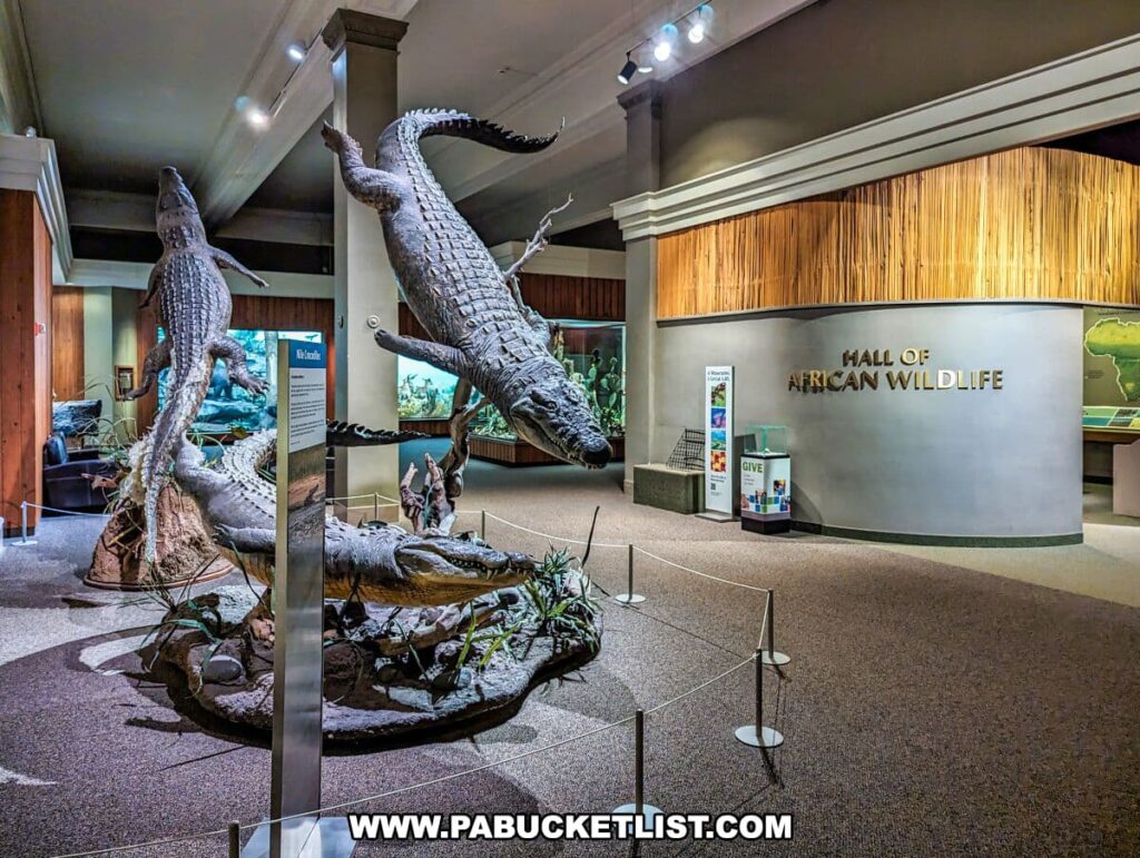 The entrance to the Hall of African Wildlife at the Carnegie Museums of Art and Natural History in Pittsburgh, PA, featuring a realistic diorama with two large crocodiles. One crocodile is dramatically suspended mid-air above the water, while the other is positioned below on a riverbank, surrounded by detailed vegetation. This dynamic display showcases the natural behavior and habitat of African crocodiles. The exhibition space is marked by a curved wall with the hall's name prominently displayed, inviting visitors to explore further.